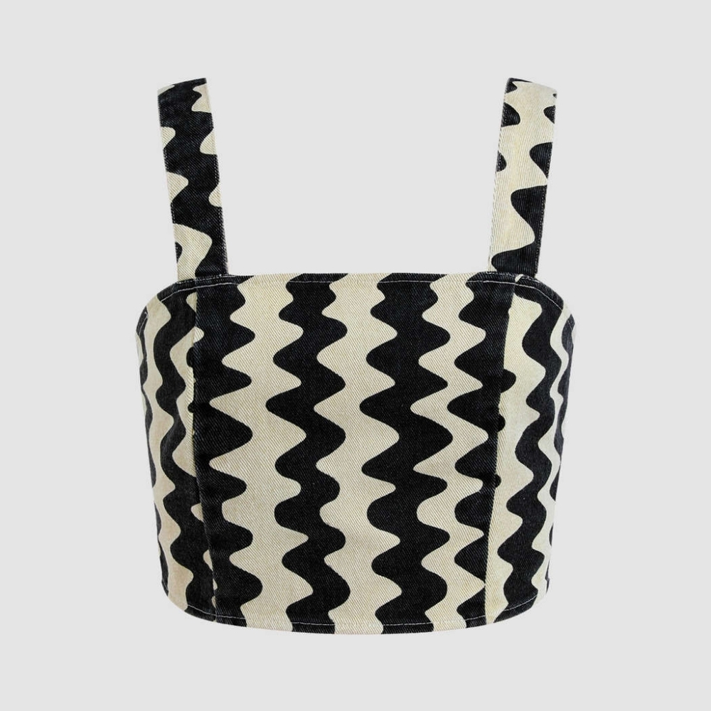 Cider Wavy Denim Top black and white